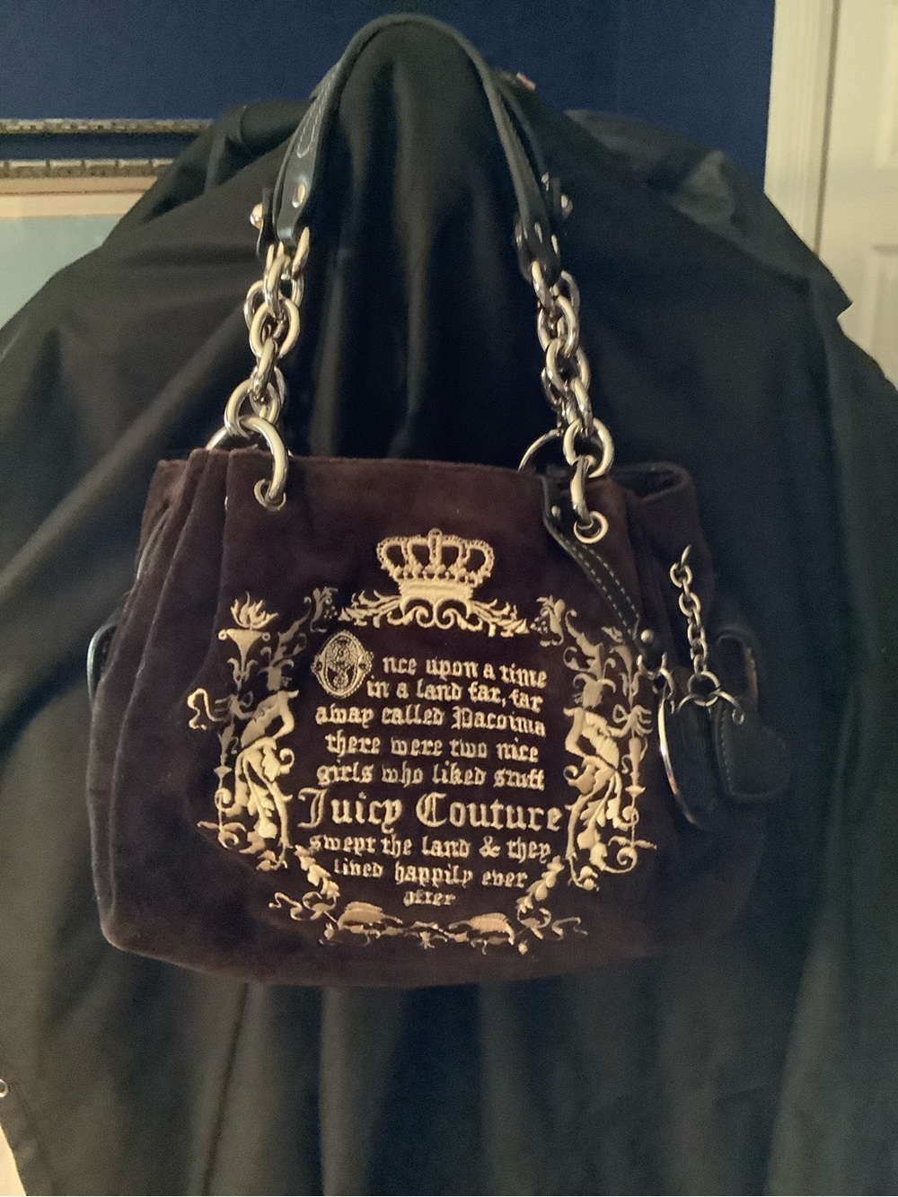 Royal Juicy Couture Hobo Black Leather and Thick Velvet Bag with Silver Chain.